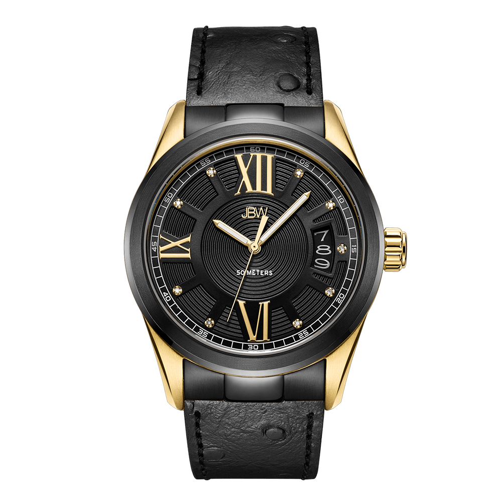 1 jbw bond j6372a two tone gold black ion black leather diamond watch front