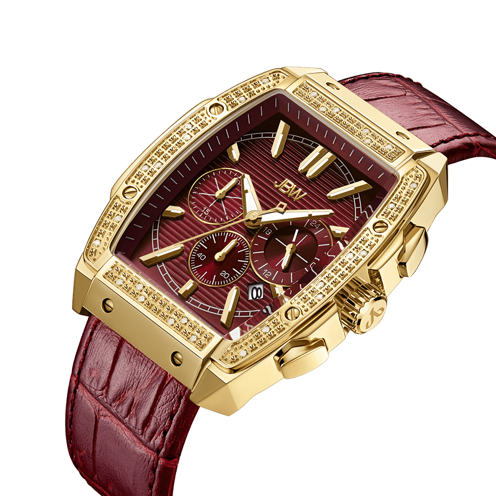 2 jbw echelon j6379b gold red leather diamond watch angle