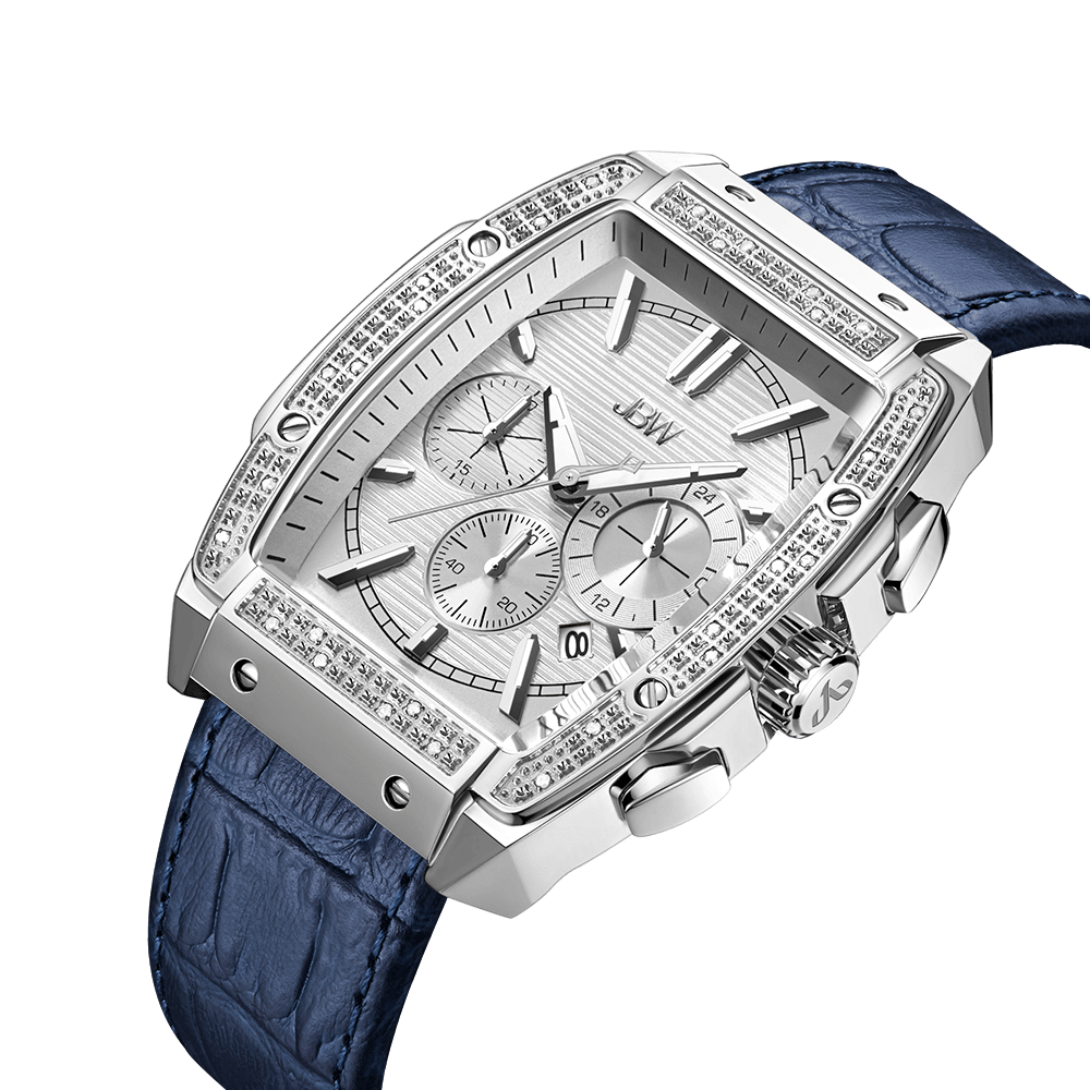 2 jbw echelon j6379c stainless steel navy leather diamond watch angle