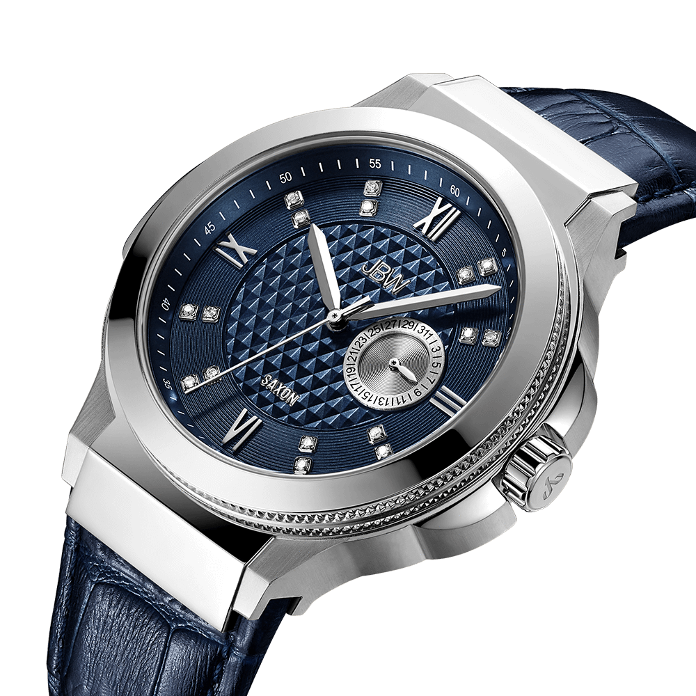 2 jbw saxon 48 j6373b stainless steel navy leather diamond watch angle