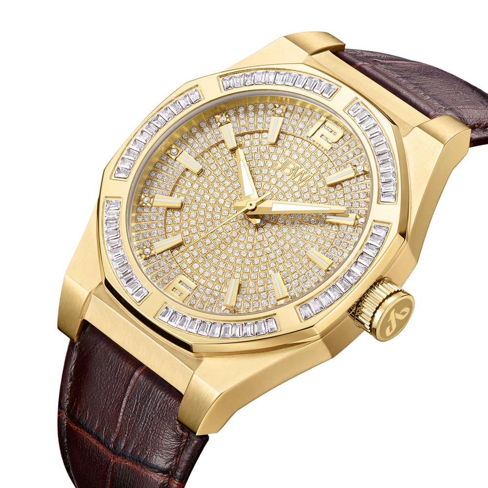 Jbw apollo j6350b gold brown leather diamond watch angle