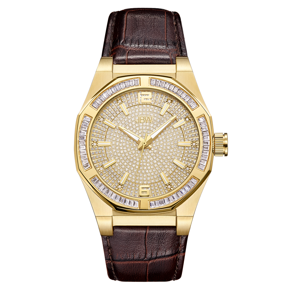 Jbw apollo j6350b gold brown leather diamond watch front