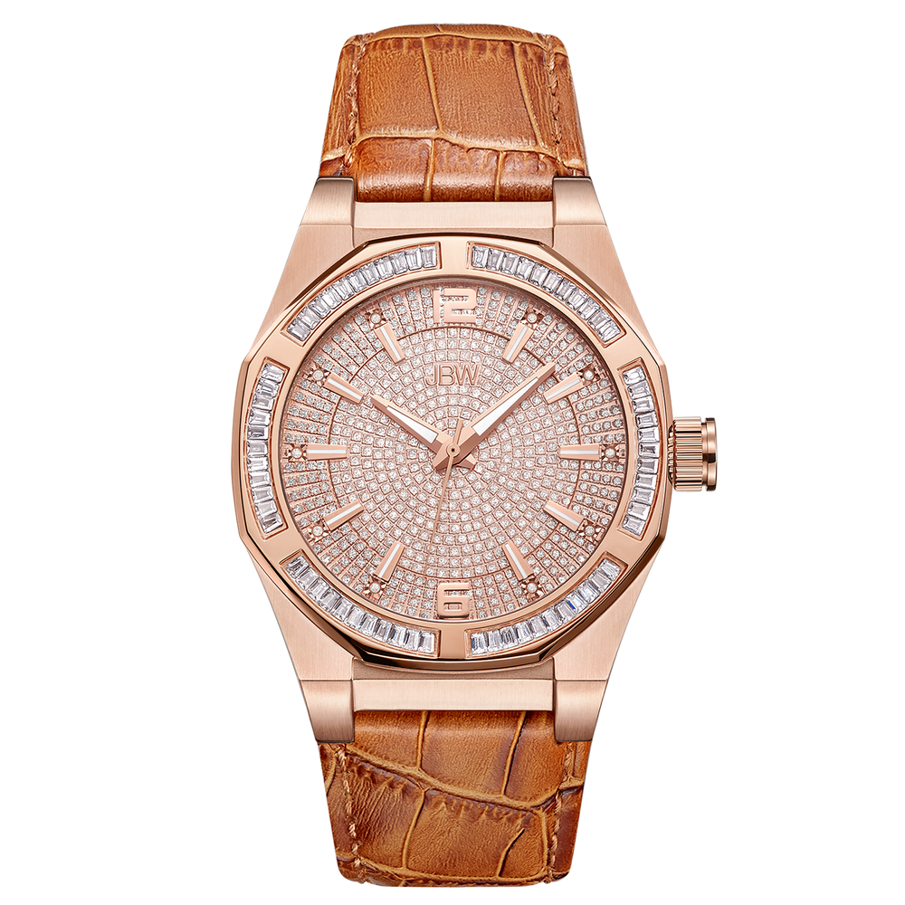 Jbw apollo j6350d rose gold brown leather diamond watch front
