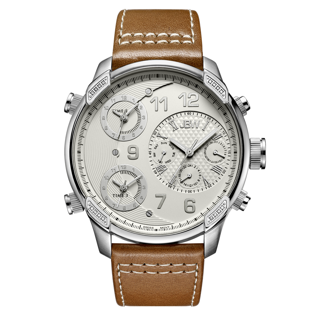 Jbw g4 j6248lm stainless steel brown leather diamond watch front