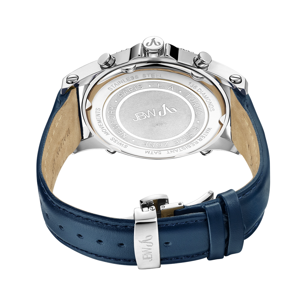 Jbw jetsetter j6354b stainless steel navy leather diamond watch back
