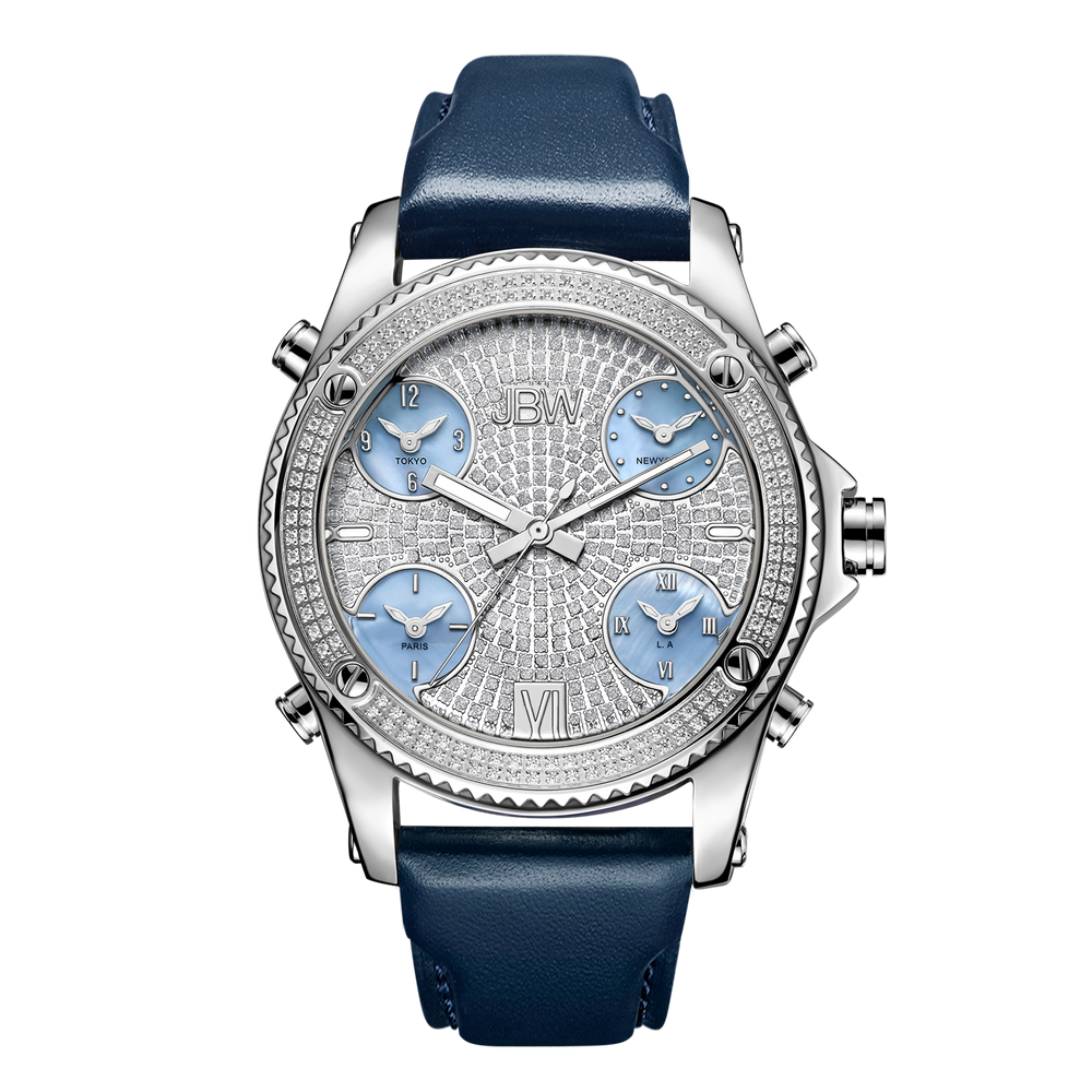 Jbw jetsetter j6354b stainless steel navy leather diamond watch front
