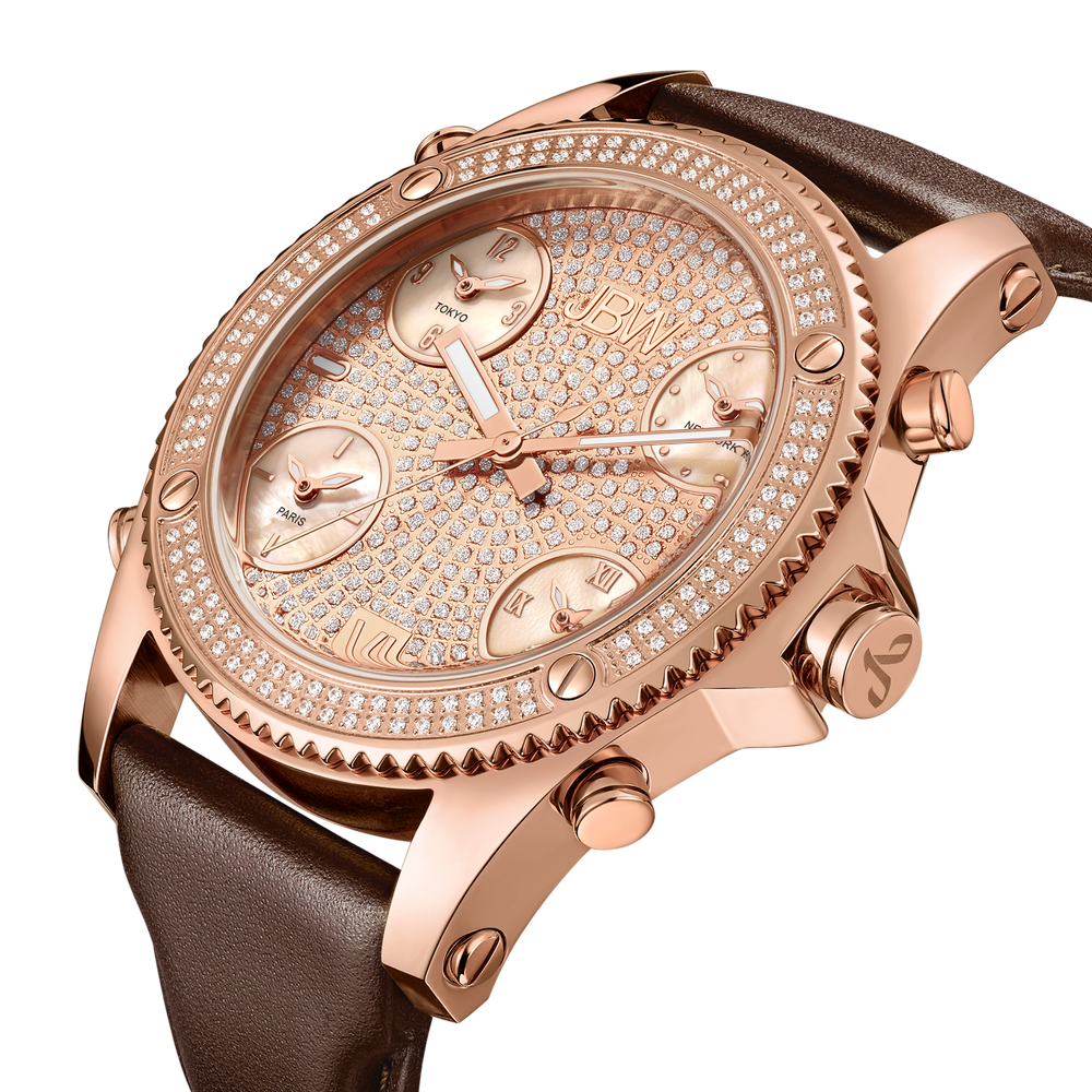 Jbw jetsetter j6354c rose gold brown leather diamond watch angle