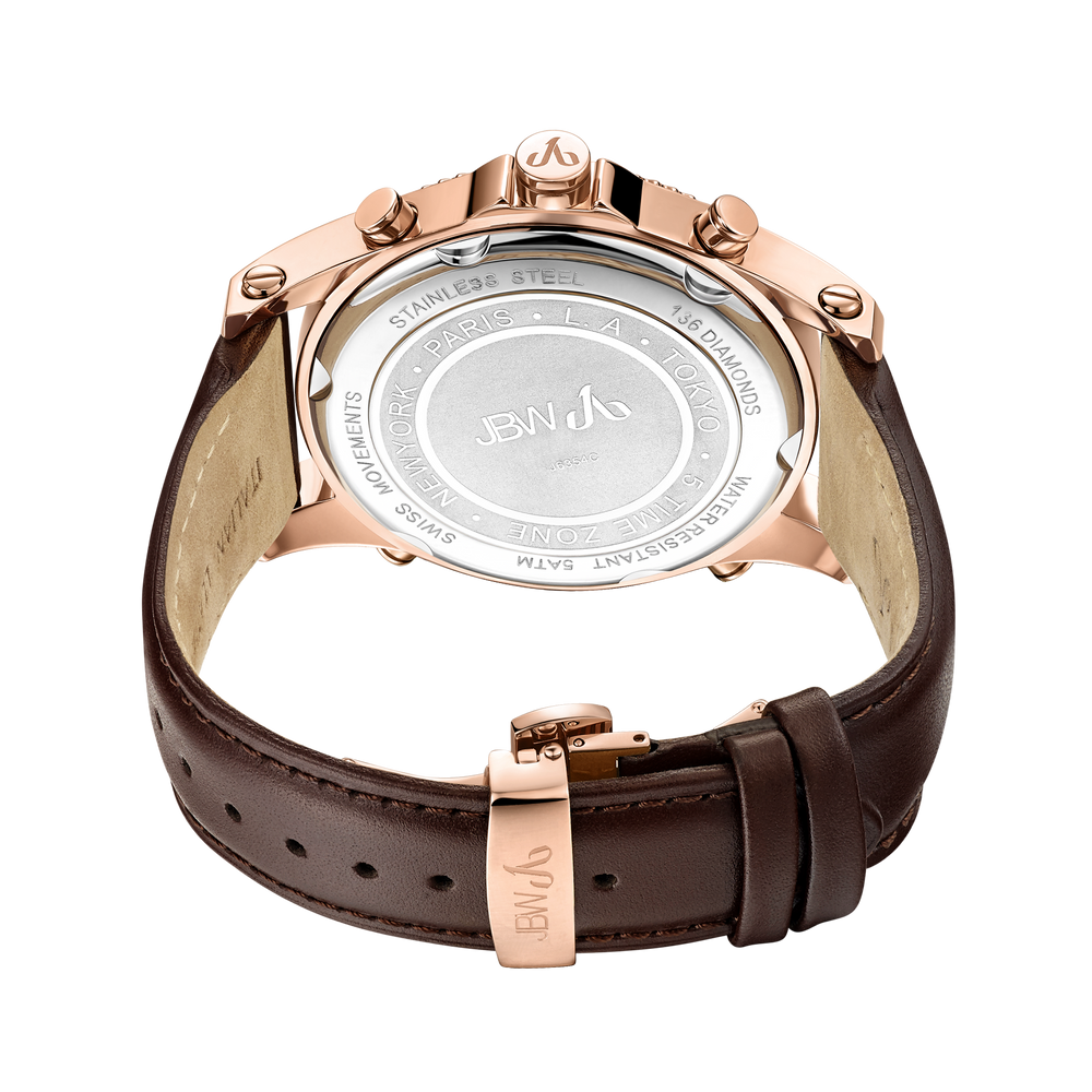 Jbw jetsetter j6354c rose gold brown leather diamond watch back