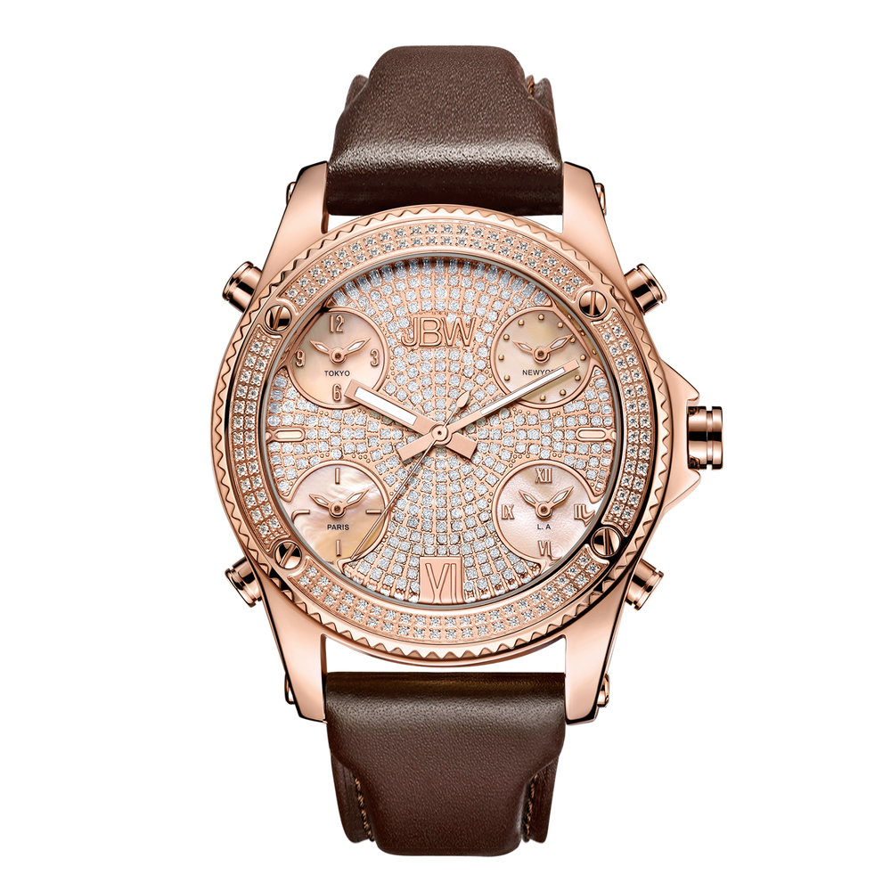 Jbw jetsetter j6354c rose gold brown leather diamond watch front