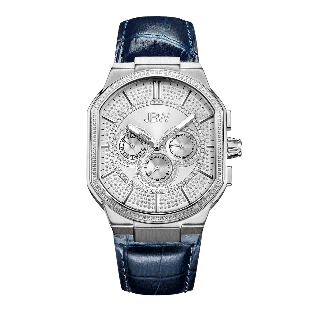 Jbw orion j6342a stainless steel navy leather diamond watch front