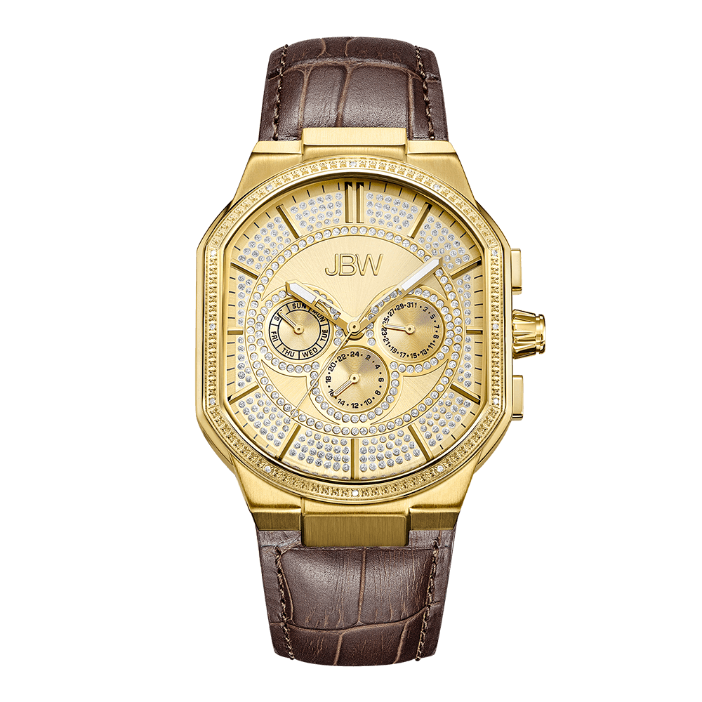 Jbw orion j6342b gold brown leather diamond watch front
