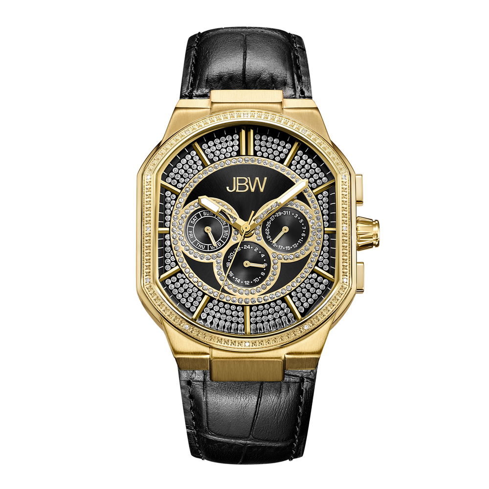 Jbw orion j6342e gold black leather diamond watch front