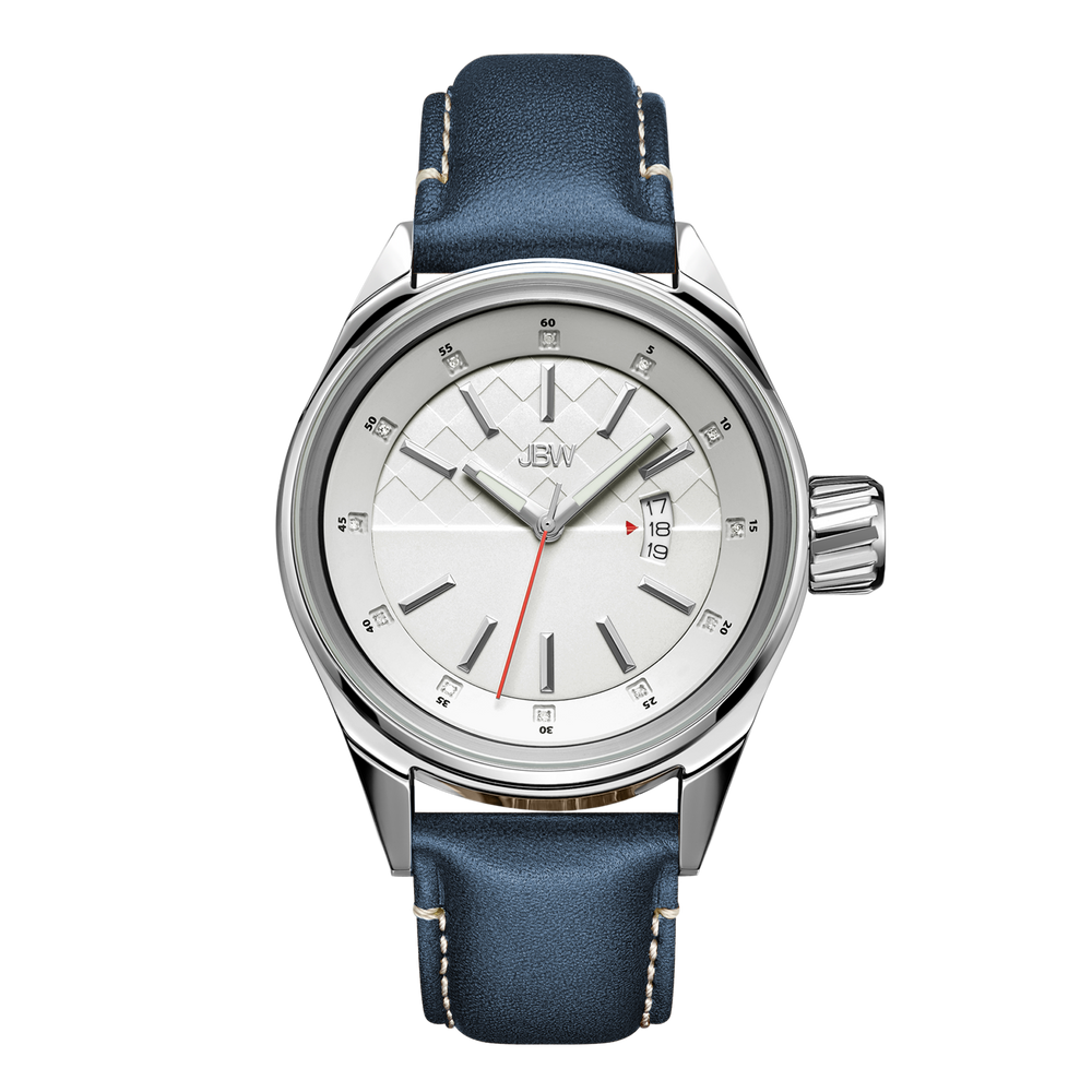 Jbw rook j6287e stainless steel blue leather diamond watch front