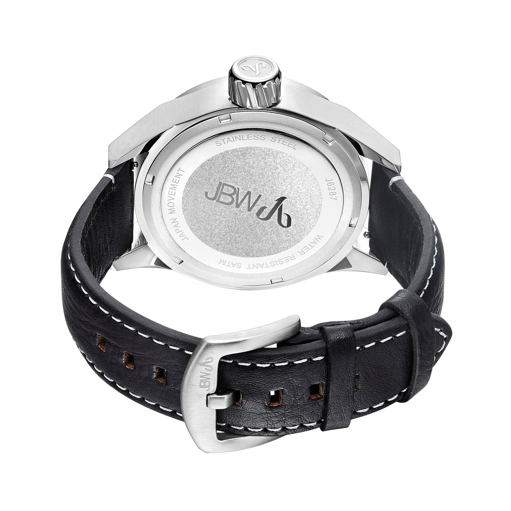 Jbw rook j6287h stainless steel black leather diamond watch back