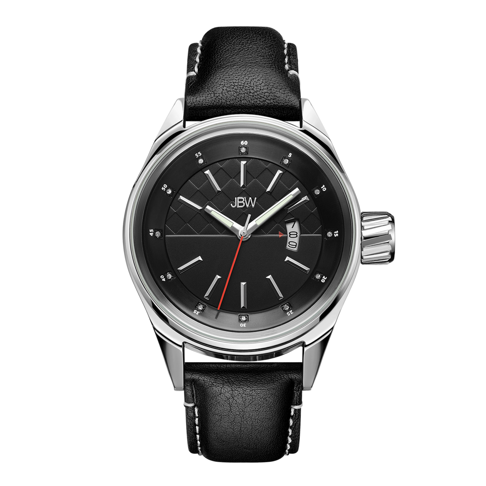 Jbw rook j6287h stainless steel black leather diamond watch front