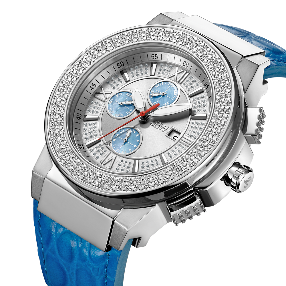 Jbw saxon jb 6101l g stainless steel blue leather diamond watch angle