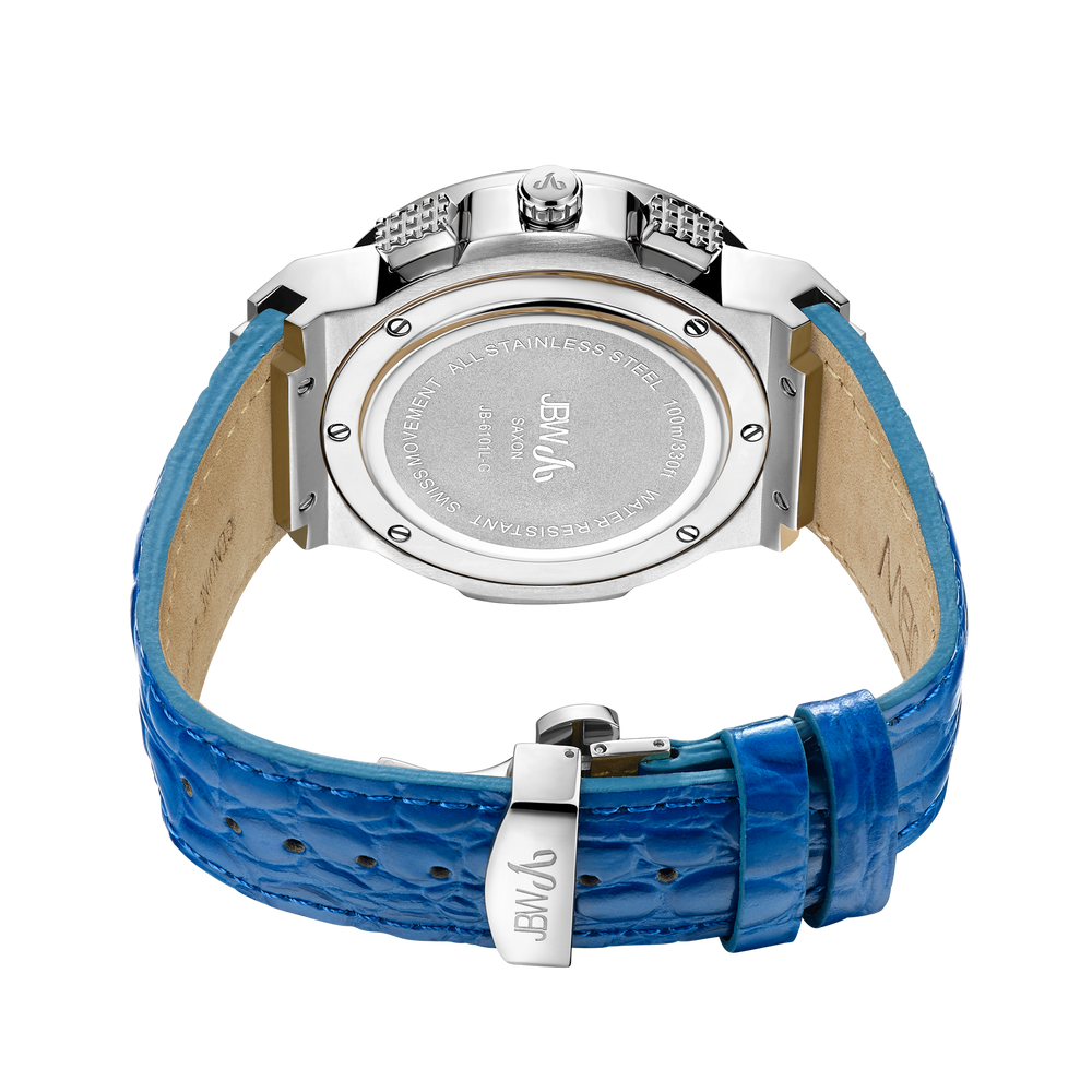 Jbw saxon jb 6101l g stainless steel blue leather diamond watch back