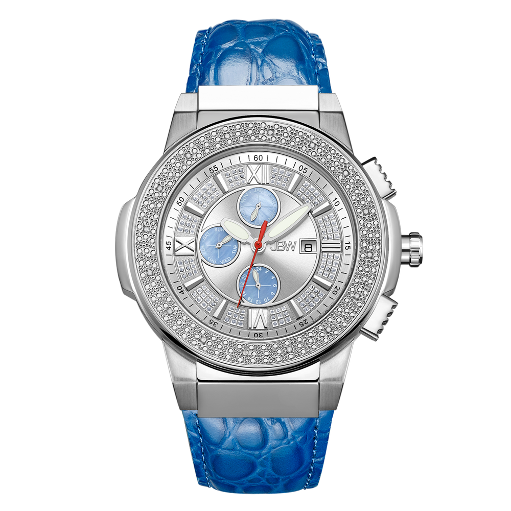 Jbw saxon jb 6101l g stainless steel blue leather diamond watch front