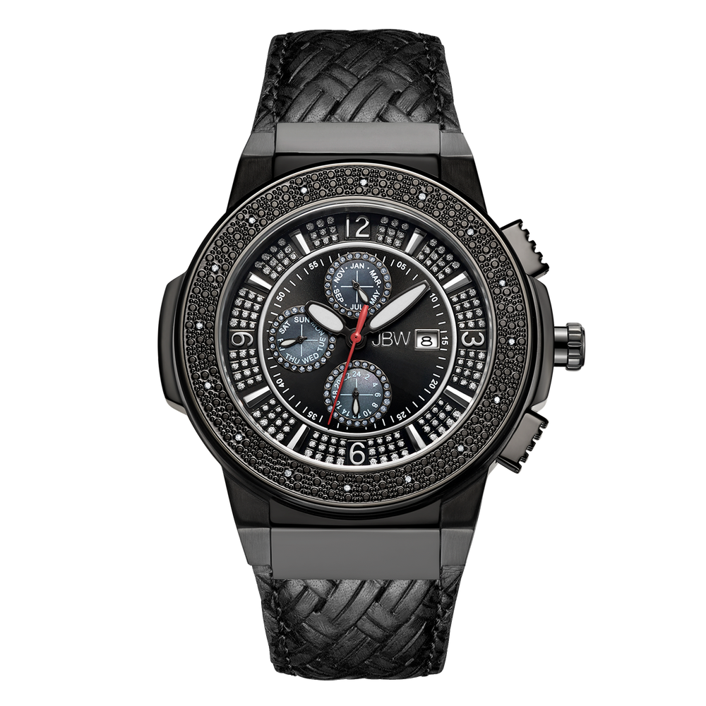 Jbw saxon jb 6101l i black ion black leather diamond watch front