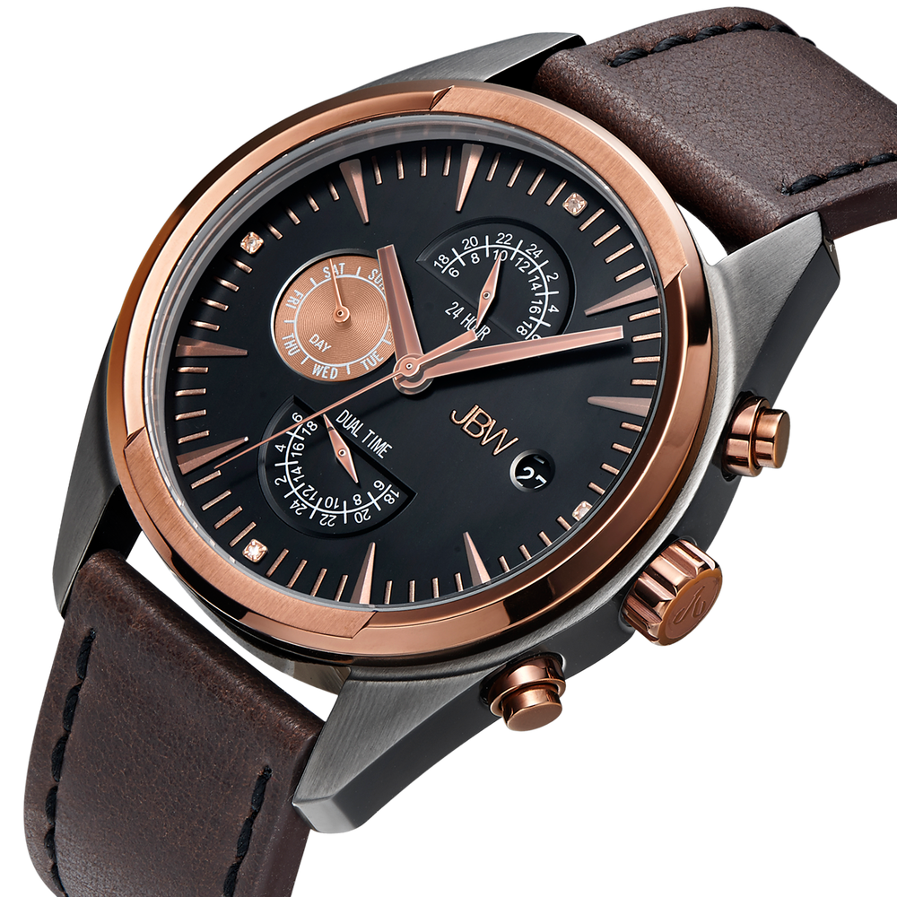 Jbw woodall j6300a two tone rosegold gun brown leather diamond watch angle