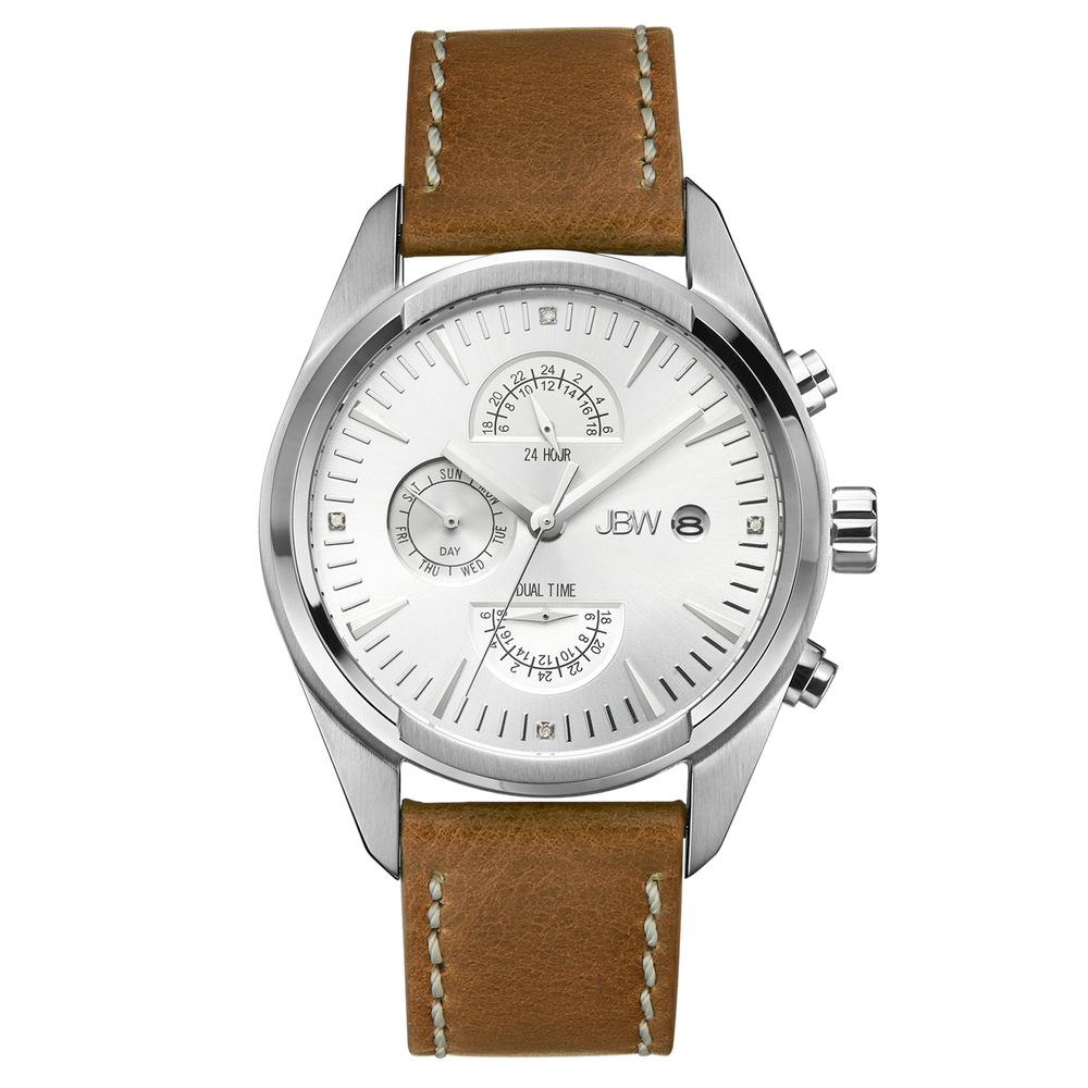 Jbw woodall j6300b stainless steel brown leather diamond watch front