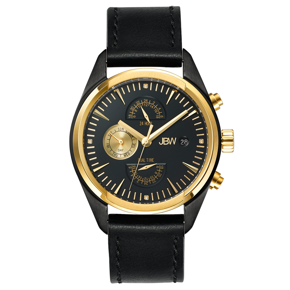 Jbw woodall j6300c two tone gold black ion black leather diamond watch front