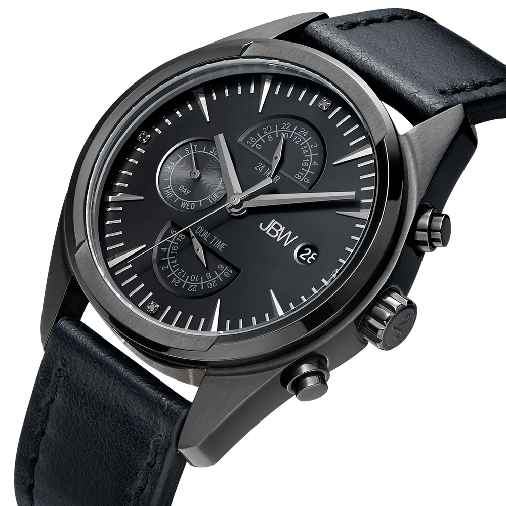 Jbw woodall j6300e black ion black leather diamond watch angle